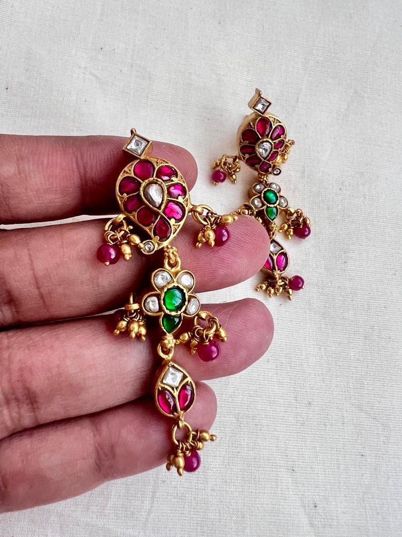 Gold polish kundan, ruby and emerald earrings with pearls-Earrings-CI-House of Taamara