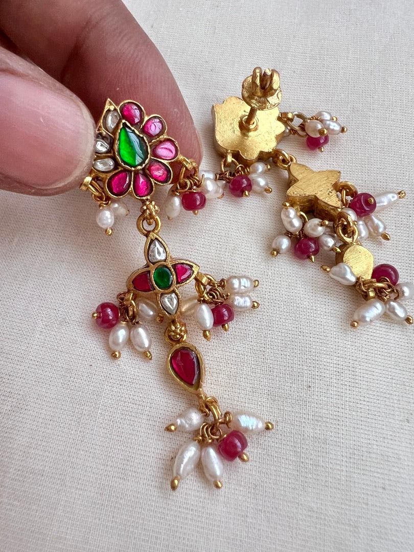 Gold polish kundan, ruby and emerald earrings with pearls-Earrings-CI-House of Taamara