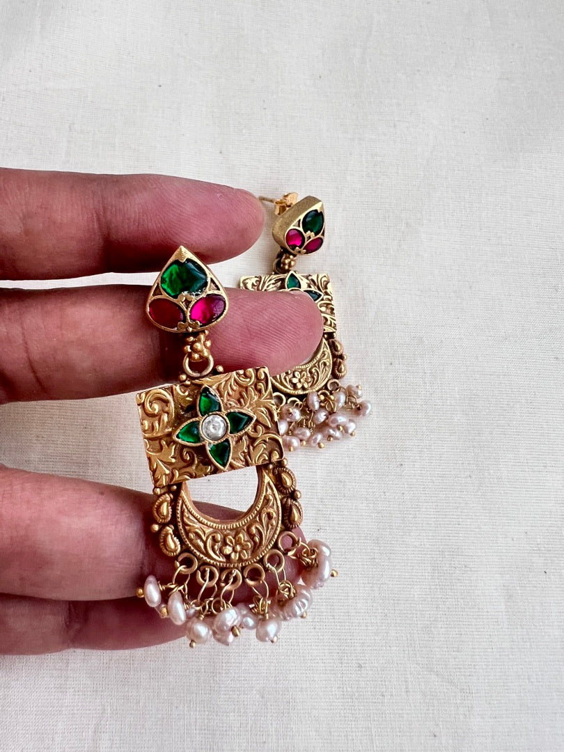 Gold polish kundan, ruby and emerald earrings with pearls-Earrings-CI-House of Taamara