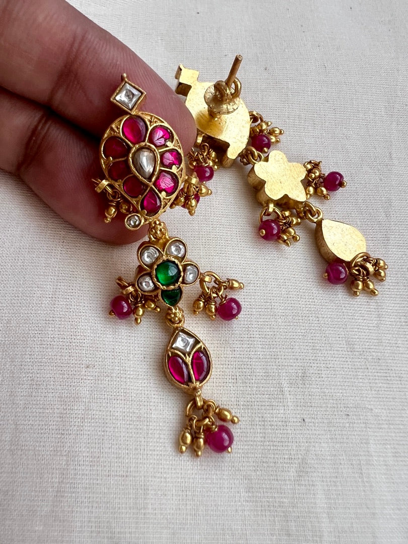 Gold polish kundan, ruby and emerald earrings with pearls-Earrings-CI-House of Taamara