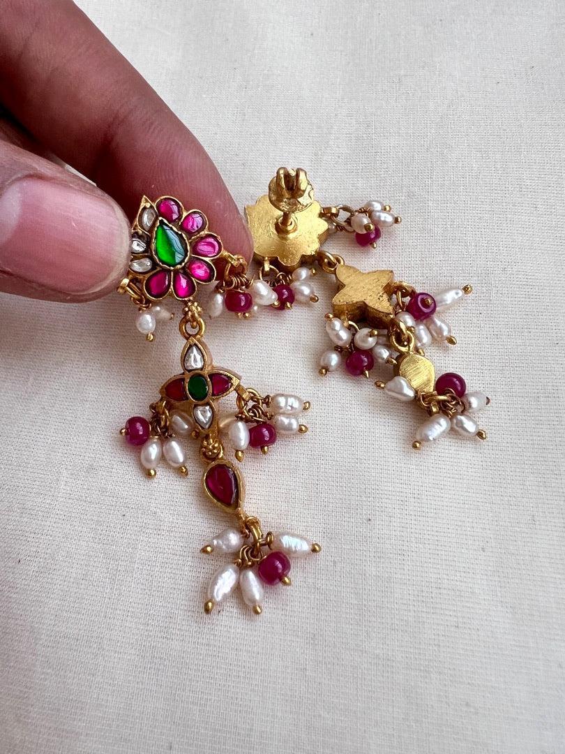 Gold polish kundan, ruby and emerald earrings with pearls-Earrings-CI-House of Taamara