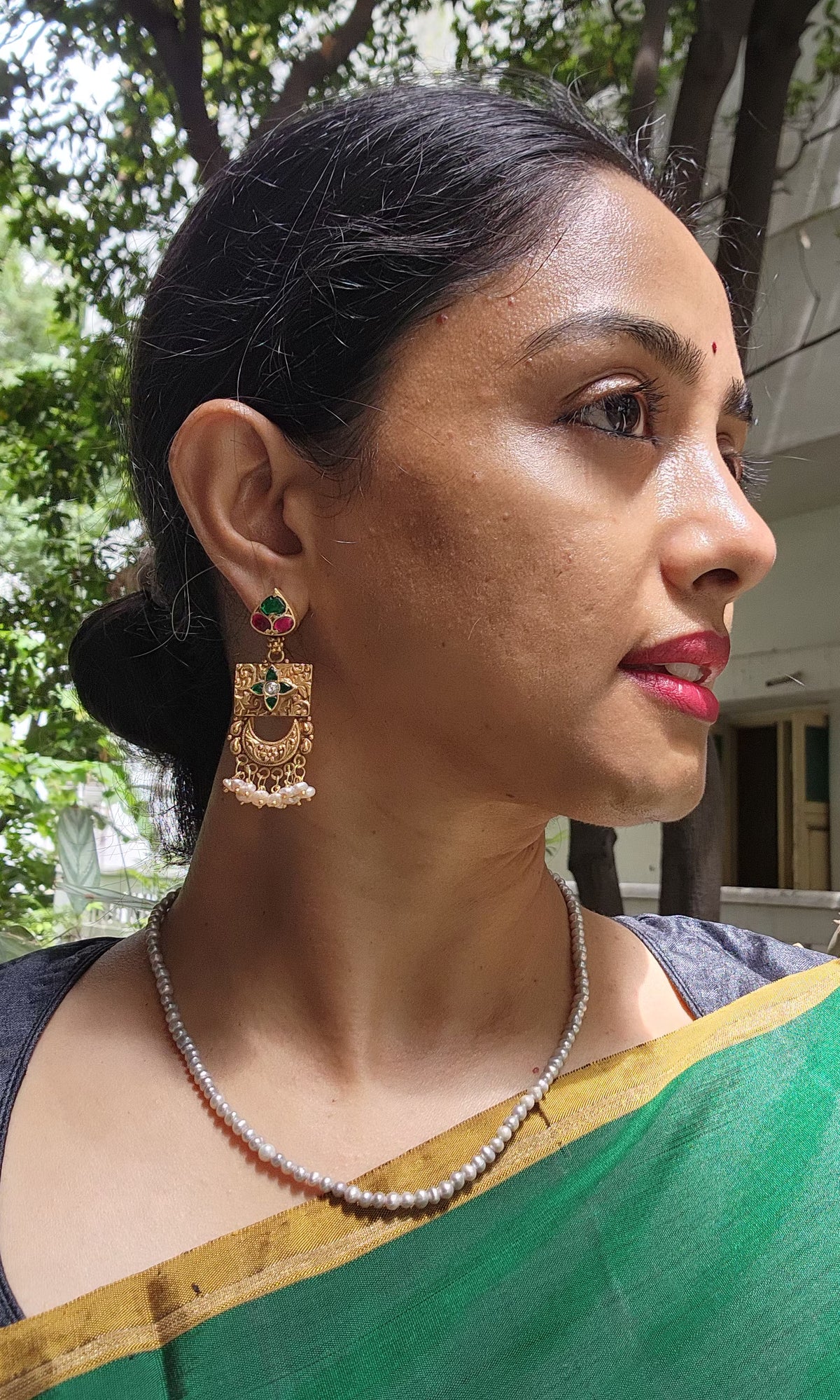 Gold polish kundan, ruby and emerald earrings with pearls-Earrings-CI-House of Taamara