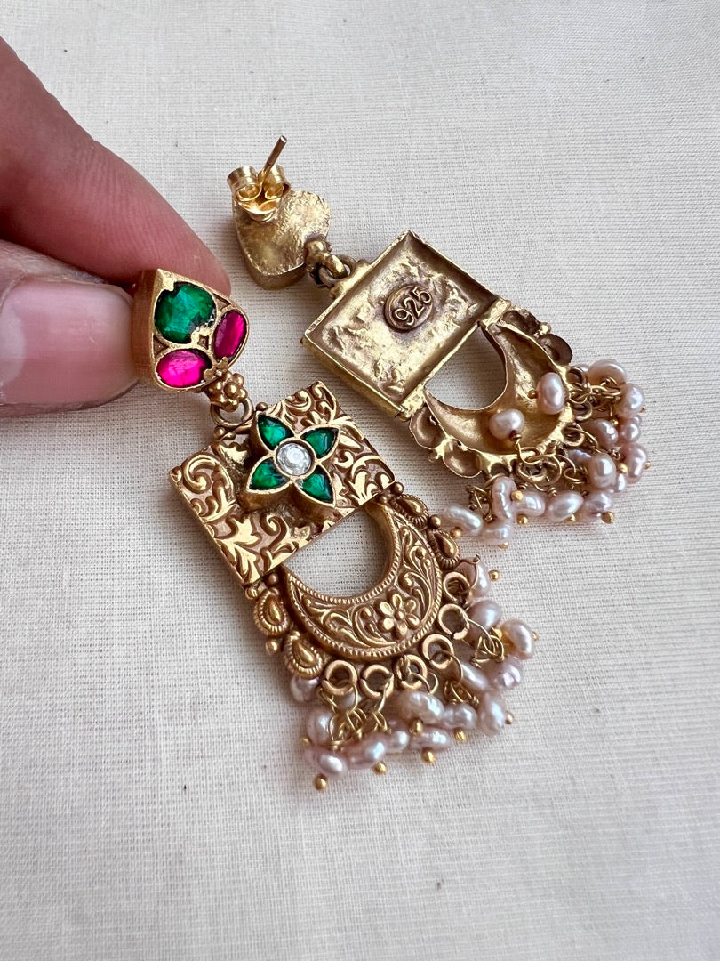 Gold polish kundan, ruby and emerald earrings with pearls-Earrings-CI-House of Taamara