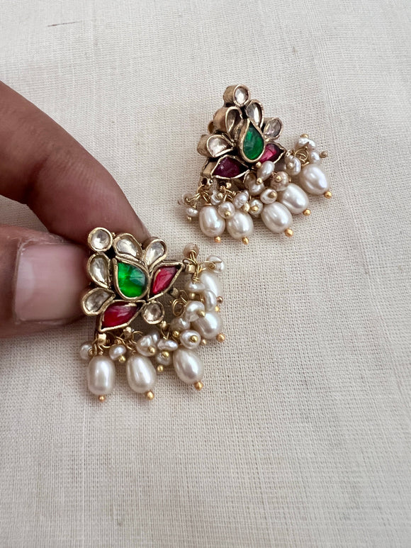 Gold polish kundan, ruby and emerald earrings with pearls-Earrings-CI-House of Taamara