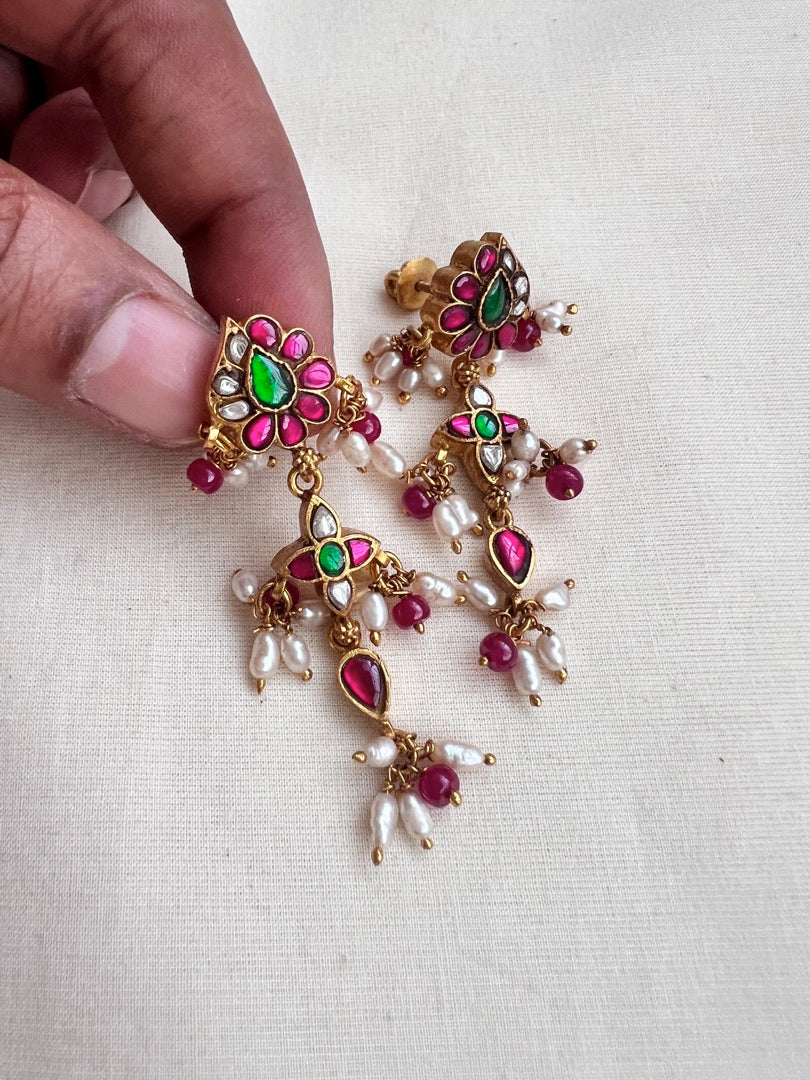 Gold polish kundan, ruby and emerald earrings with pearls-Earrings-CI-House of Taamara