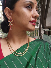 Gold polish kundan, ruby and emerald earrings with pearls-Earrings-CI-House of Taamara