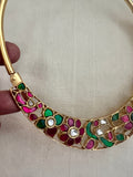 Gold polish kundan, ruby and emerald flowers hasli-Silver Neckpiece-CI-House of Taamara