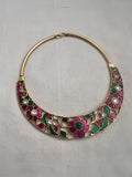 Gold polish kundan, ruby and emerald flowers hasli-Silver Neckpiece-CI-House of Taamara