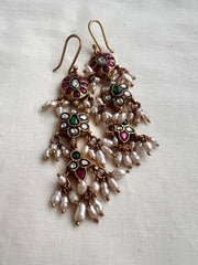 Gold polish kundan, ruby and emerald hangings with pearls-Earrings-CI-House of Taamara