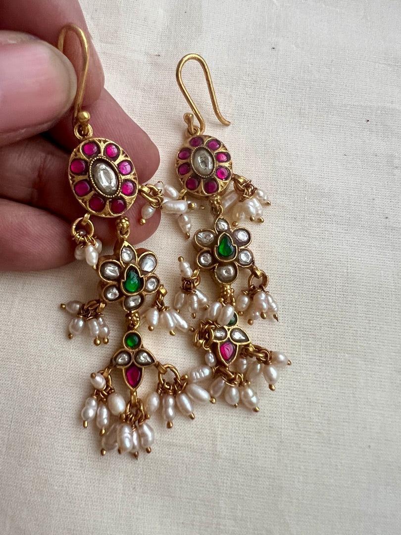 Gold polish kundan, ruby and emerald hangings with pearls-Earrings-CI-House of Taamara
