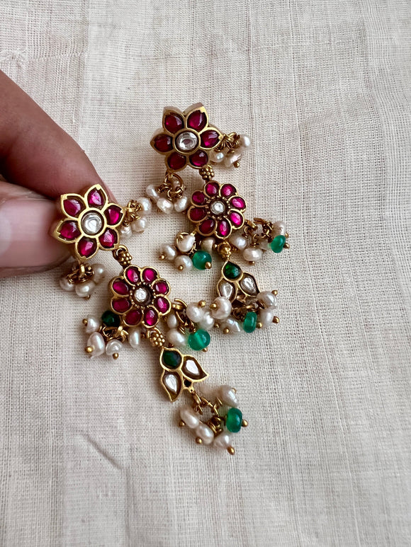 Gold polish kundan, ruby and emerald hangings with pearls-Earrings-CI-House of Taamara
