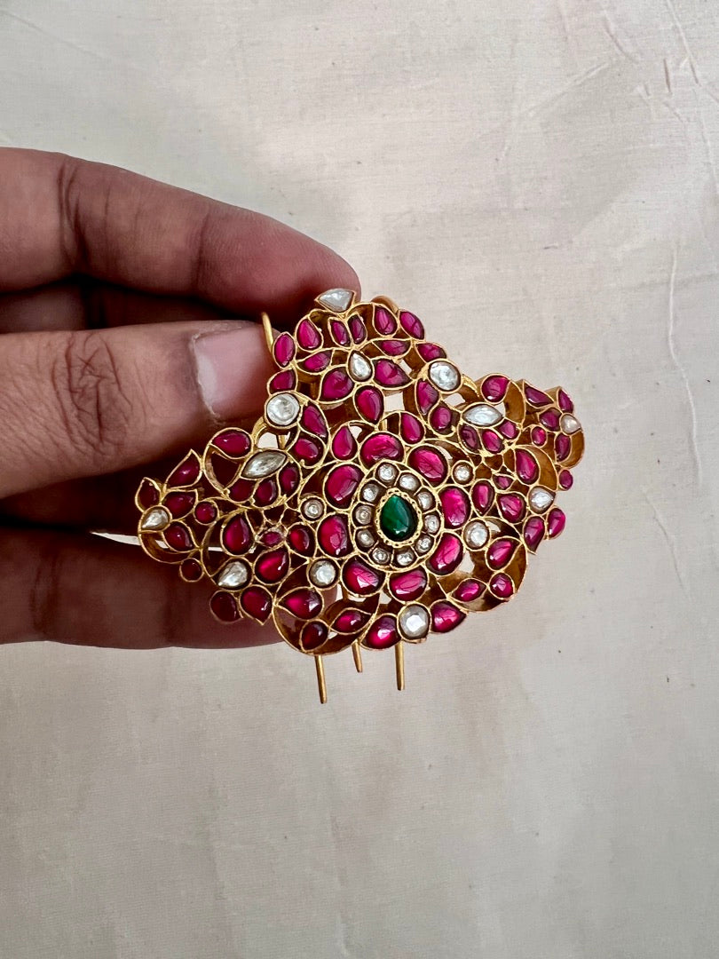 Gold polish kundan, ruby and emerald jade billa-Silver Neckpiece-CI-House of Taamara