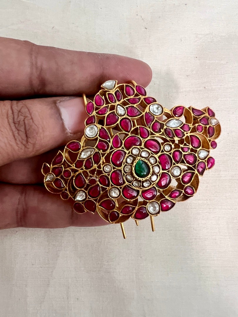 Gold polish kundan, ruby and emerald jade billa-Silver Neckpiece-CI-House of Taamara