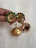 Gold polish kundan, ruby and emerald jhumkas with pearls-Earrings-CI-House of Taamara