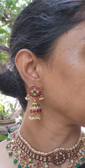 Gold polish kundan, ruby and emerald jhumkas with pearls-Earrings-CI-House of Taamara