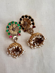 Gold polish kundan, ruby and emerald jhumkas with pearls-Earrings-CI-House of Taamara