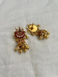Gold polish kundan, ruby and emerald jhumkas with pearls & gold beads-Earrings-CI-House of Taamara