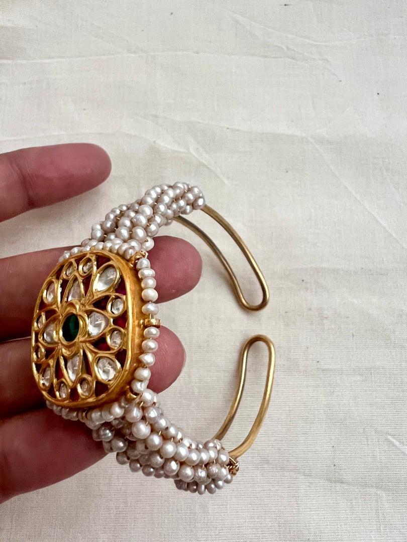 Gold polish kundan, ruby and emerald kada with pearls-Silver Bracelet-CI-House of Taamara