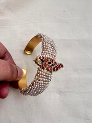 Gold polish kundan, ruby and emerald kada with pearls-Silver Bracelet-CI-House of Taamara