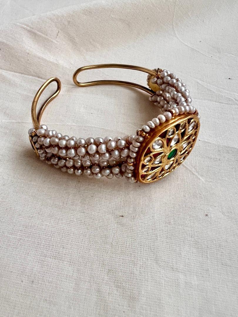 Gold polish kundan, ruby and emerald kada with pearls-Silver Bracelet-CI-House of Taamara