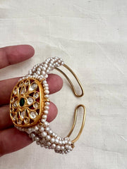 Gold polish kundan, ruby and emerald kada with pearls-Silver Bracelet-CI-House of Taamara