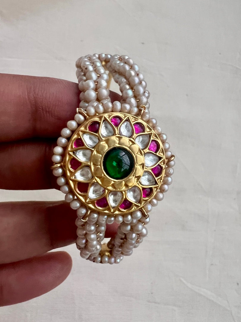 Gold polish kundan, ruby and emerald kada with pearls-Silver Bracelet-CI-House of Taamara