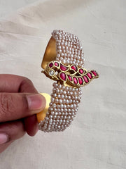 Gold polish kundan, ruby and emerald kada with pearls-Silver Bracelet-CI-House of Taamara