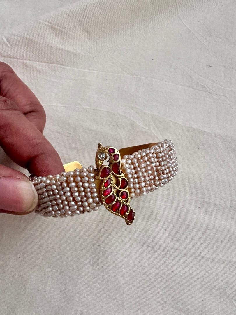 Gold polish kundan, ruby and emerald kada with pearls-Silver Bracelet-CI-House of Taamara