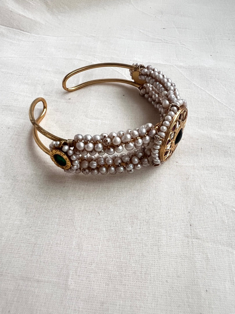 Gold polish kundan, ruby and emerald kada with pearls-Silver Bracelet-CI-House of Taamara