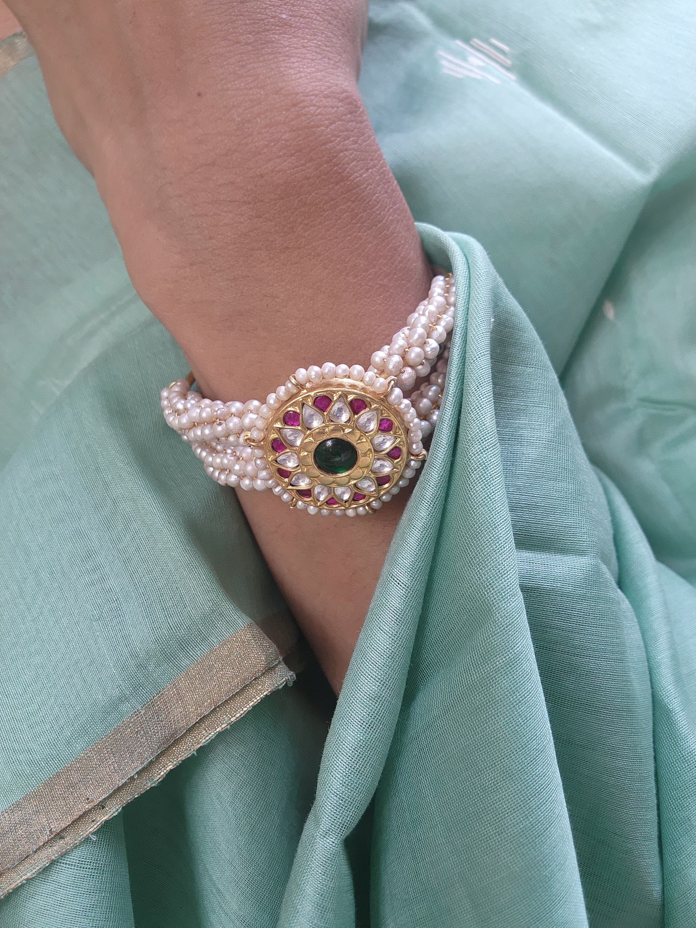 Gold polish kundan, ruby and emerald kada with pearls-Silver Bracelet-CI-House of Taamara