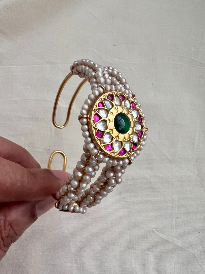 Gold polish kundan, ruby and emerald kada with pearls-Silver Bracelet-CI-House of Taamara