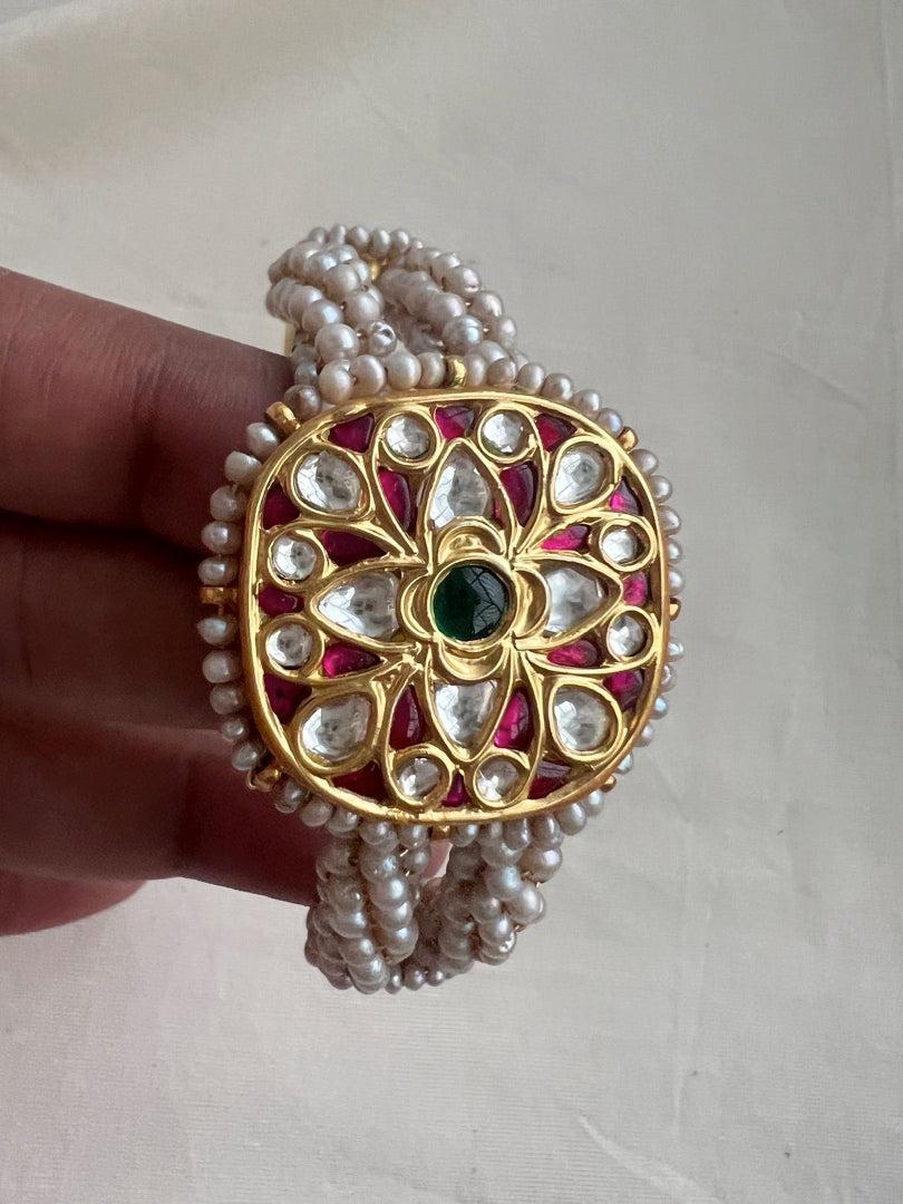 Gold polish kundan, ruby and emerald kada with pearls-Silver Bracelet-CI-House of Taamara