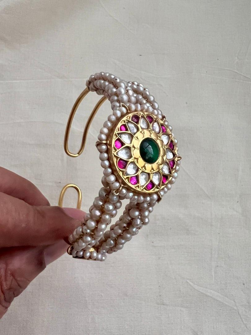 Gold polish kundan, ruby and emerald kada with pearls-Silver Bracelet-CI-House of Taamara
