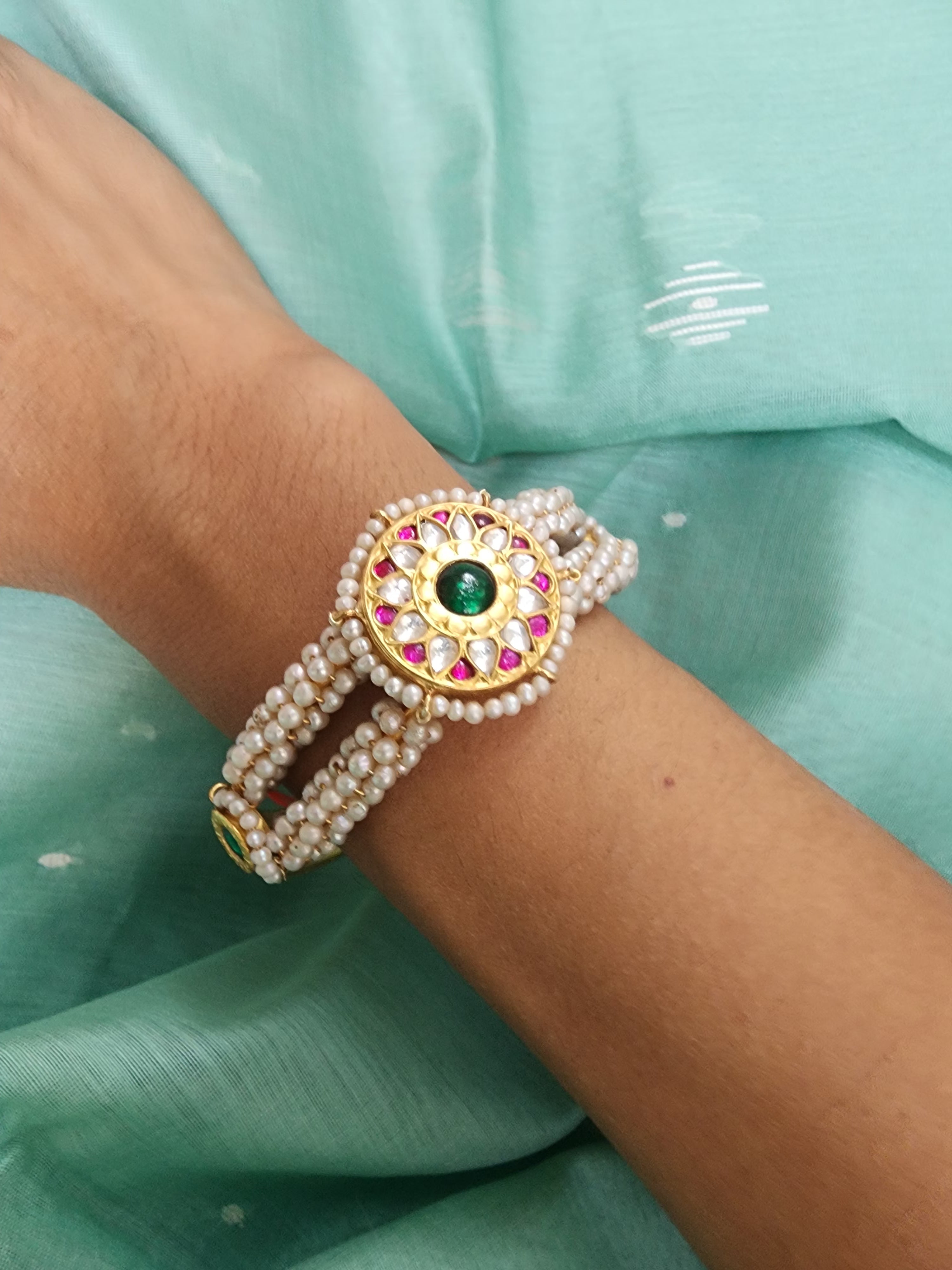 Gold polish kundan, ruby and emerald kada with pearls-Silver Bracelet-CI-House of Taamara