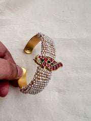 Gold polish kundan, ruby and emerald kada with pearls-Silver Bracelet-CI-House of Taamara