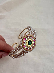 Gold polish kundan, ruby and emerald kada with pearls-Silver Bracelet-CI-House of Taamara