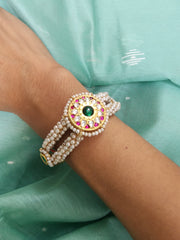 Gold polish kundan, ruby and emerald kada with pearls-Silver Bracelet-CI-House of Taamara