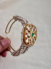 Gold polish kundan, ruby and emerald kada with pearls-Silver Bracelet-CI-House of Taamara