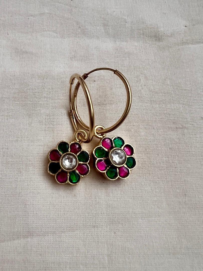 Gold polish kundan, ruby and emerald loop earrings-Earrings-CI-House of Taamara