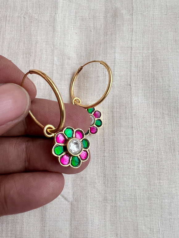 Gold polish kundan, ruby and emerald loop earrings-Earrings-CI-House of Taamara
