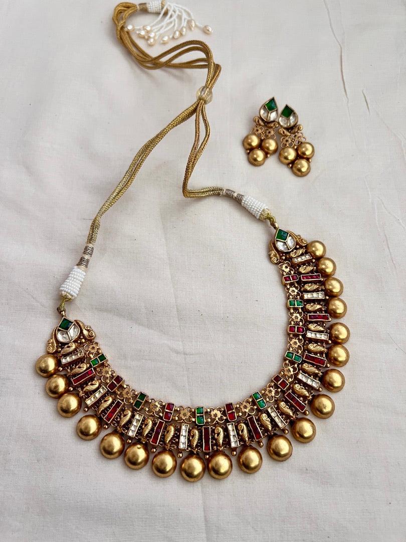 Gold polish kundan, ruby and emerald necklace with earrings, SET-Silver Neckpiece-CI-House of Taamara