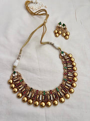 Gold polish kundan, ruby and emerald necklace with earrings, SET-Silver Neckpiece-CI-House of Taamara