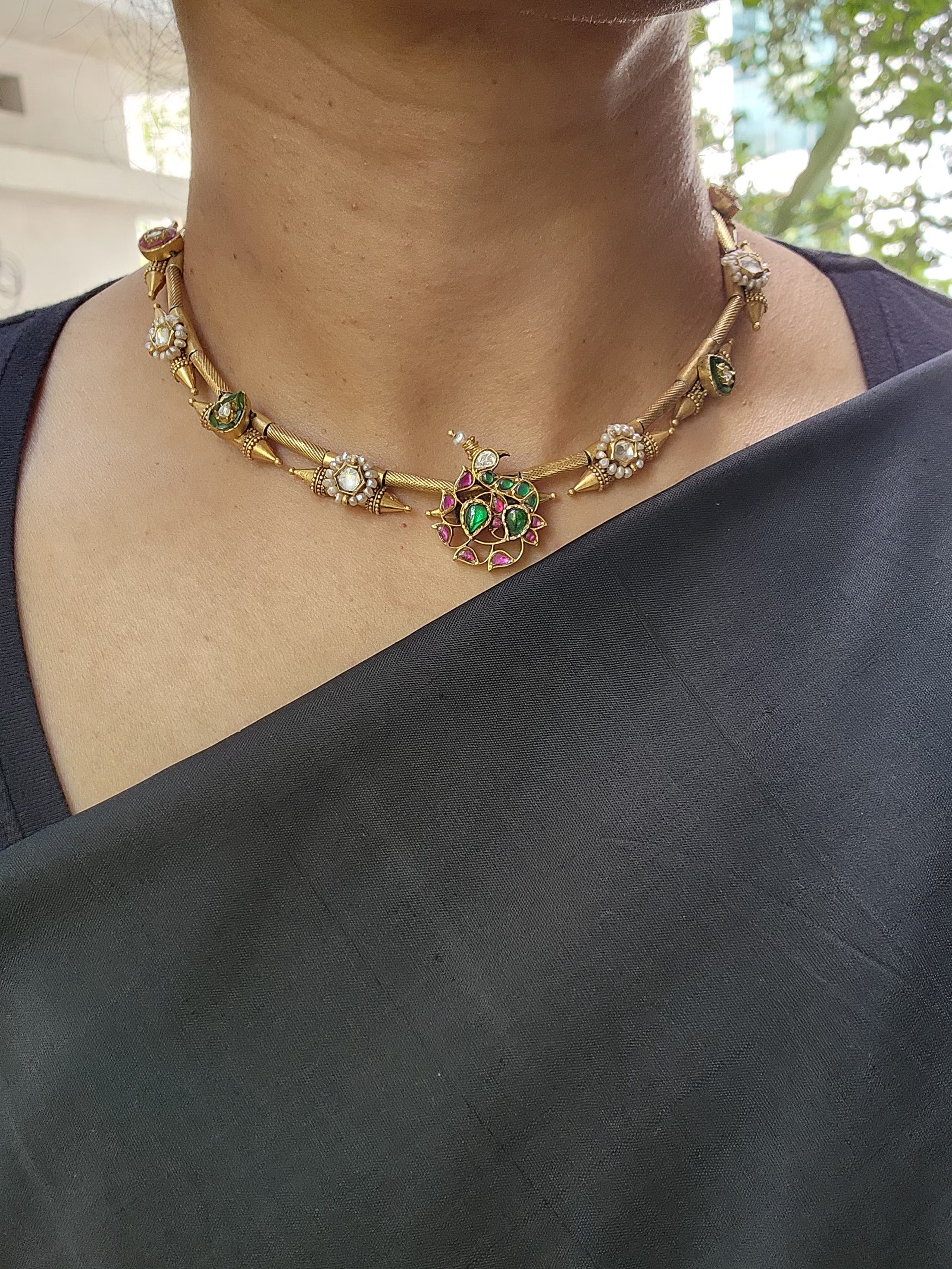 Gold polish kundan, ruby and emerald necklace with earrings, SET-Silver Neckpiece-CI-House of Taamara