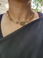 Gold polish kundan, ruby and emerald necklace with earrings, SET-Silver Neckpiece-CI-House of Taamara
