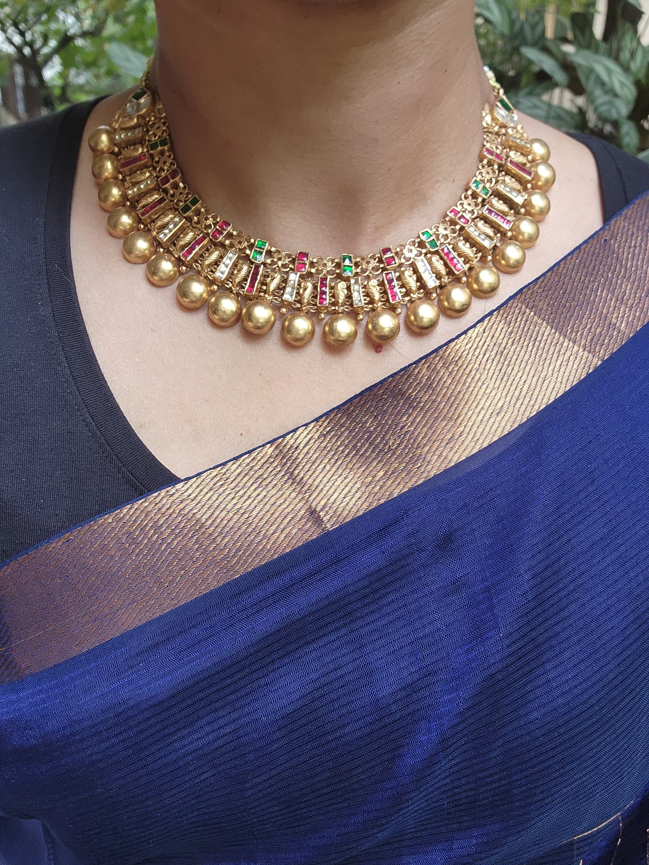Gold polish kundan, ruby and emerald necklace with earrings, SET-Silver Neckpiece-CI-House of Taamara