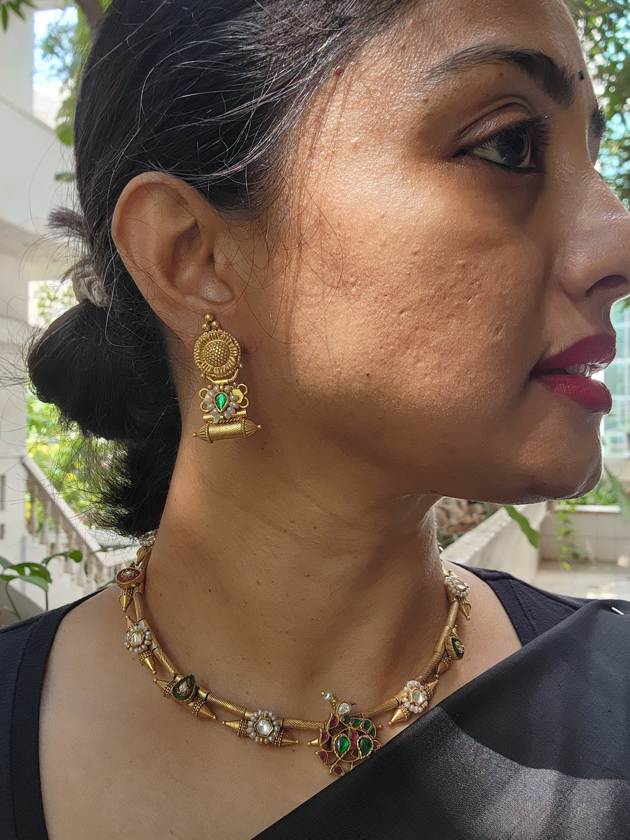 Gold polish kundan, ruby and emerald necklace with earrings, SET-Silver Neckpiece-CI-House of Taamara