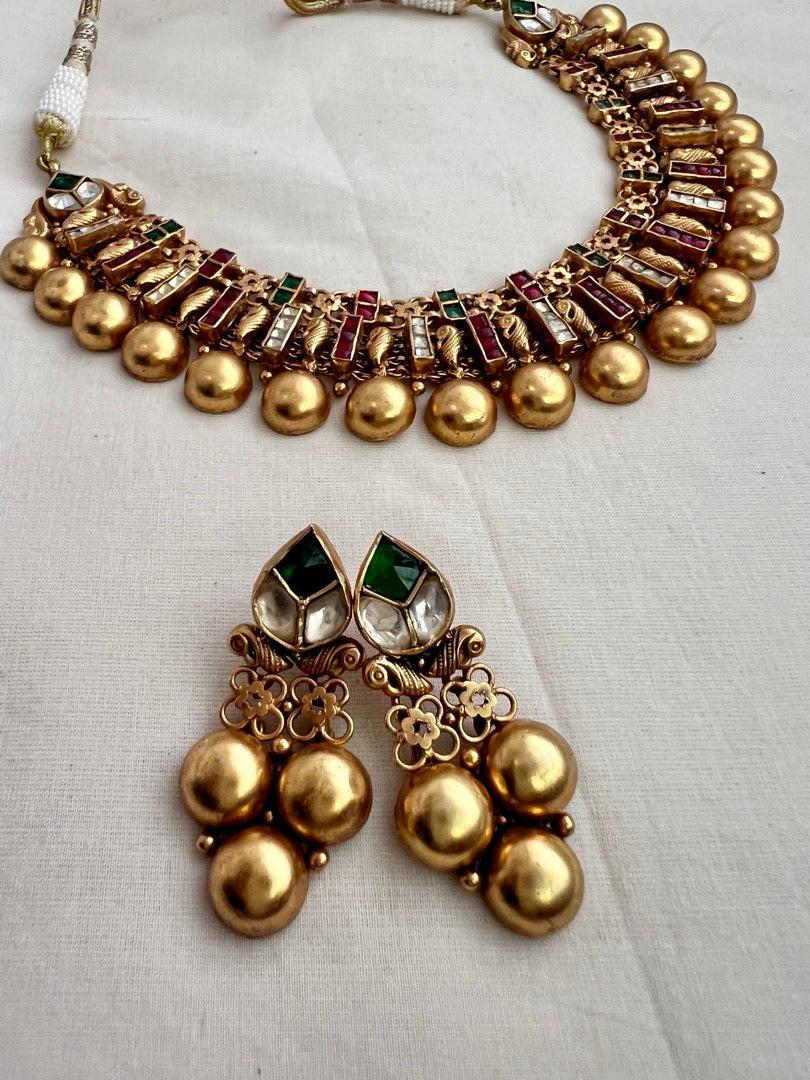 Gold polish kundan, ruby and emerald necklace with earrings, SET-Silver Neckpiece-CI-House of Taamara