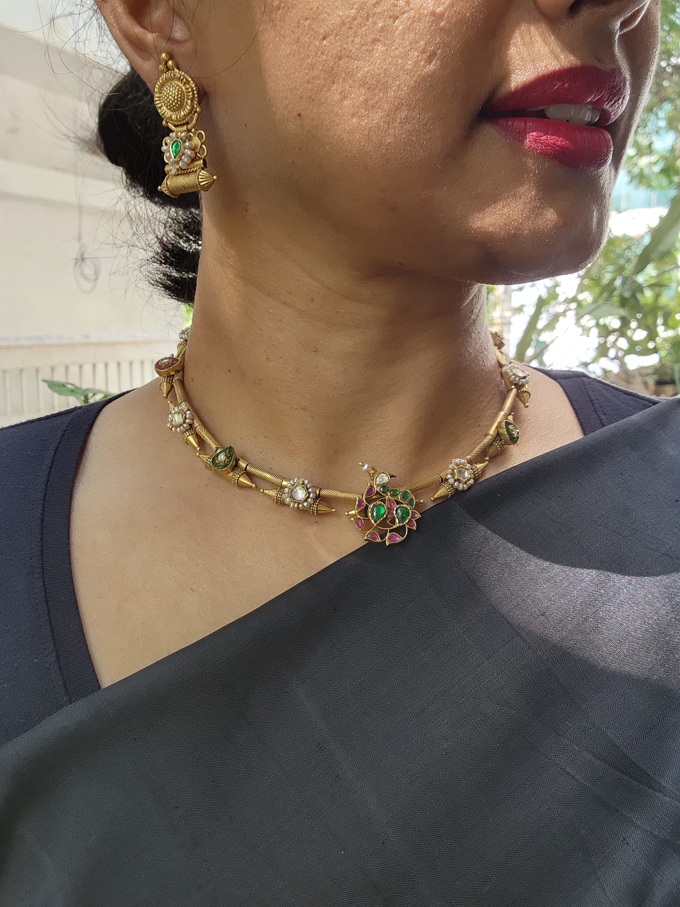Gold polish kundan, ruby and emerald necklace with earrings, SET-Silver Neckpiece-CI-House of Taamara