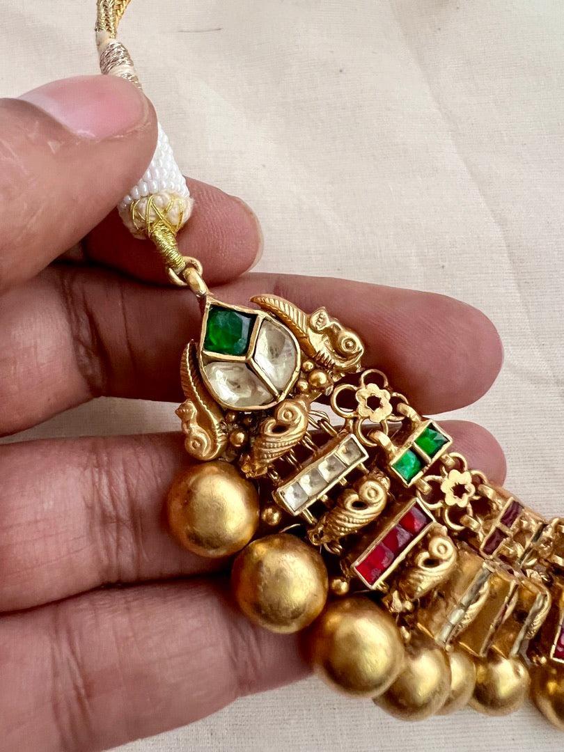 Gold polish kundan, ruby and emerald necklace with earrings, SET-Silver Neckpiece-CI-House of Taamara