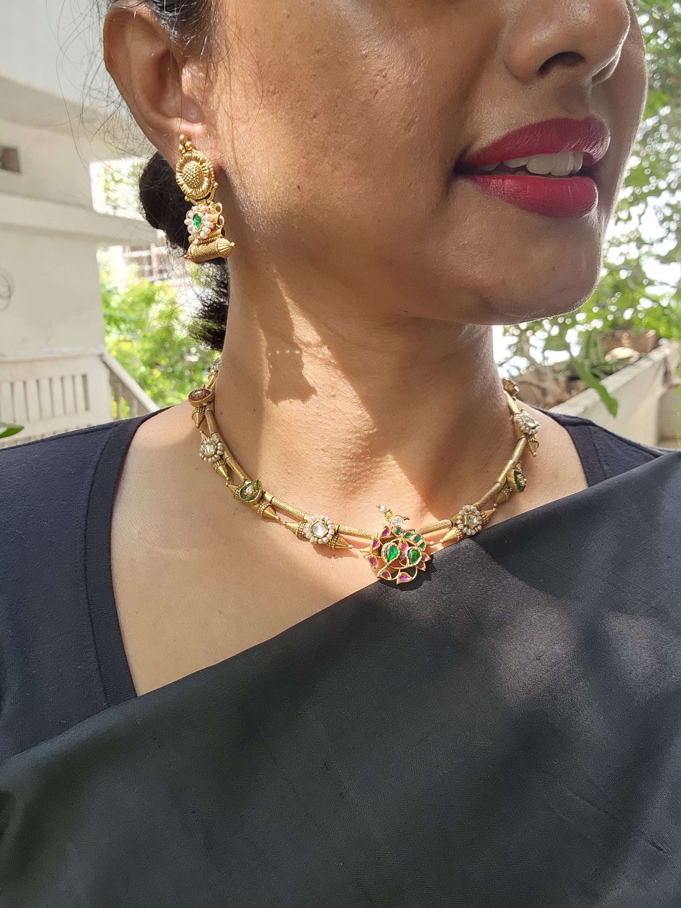 Gold polish kundan, ruby and emerald necklace with earrings, SET-Silver Neckpiece-CI-House of Taamara